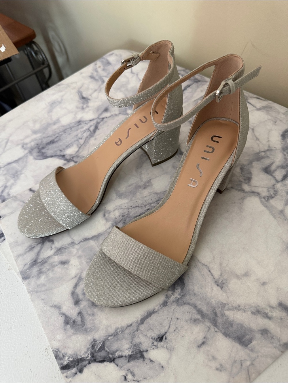 Unisa Sparkling Silver Ankle-Strap Block Heels
